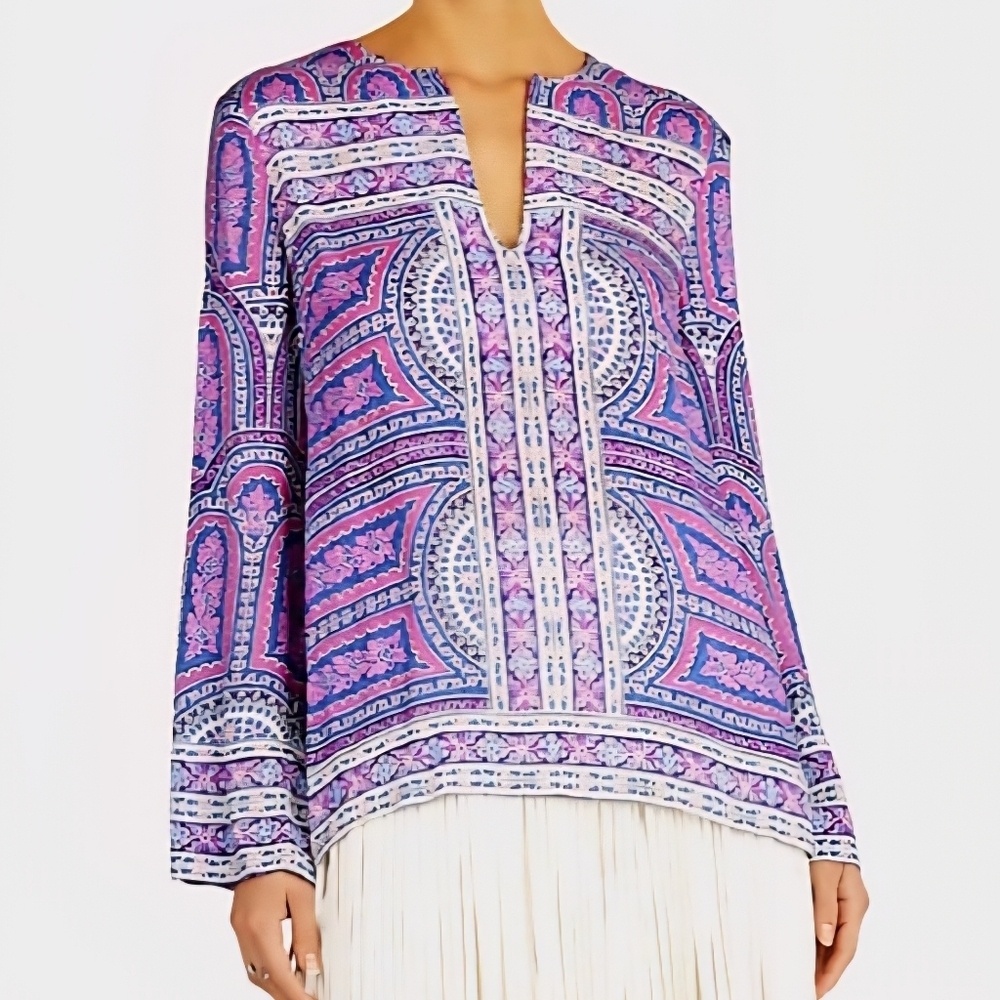 BCBGMaxazria Haida Fuschia Paisely Print Boho Peasant Tunic Blouse